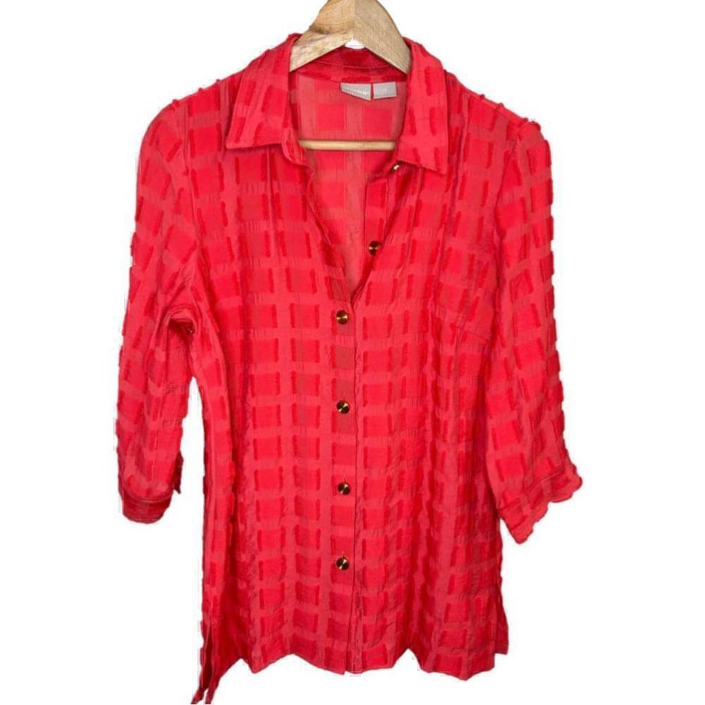 Chico's Women’s Red Coral Textured Button Down Shirt - Size Small